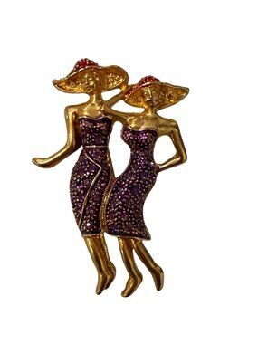 Vintage Gold Tone Ladies Brooch Purple Rhinestone Figural Women Pin